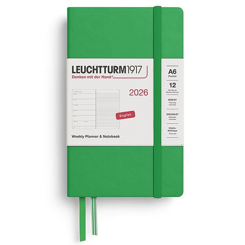 LEUCHTTURM Cep Boy (A6) 12 Aylık Ajanda ve Not Defteri (Çizgili) 2026 Sert Kapak, İngilizce, Bahar Yaprağı