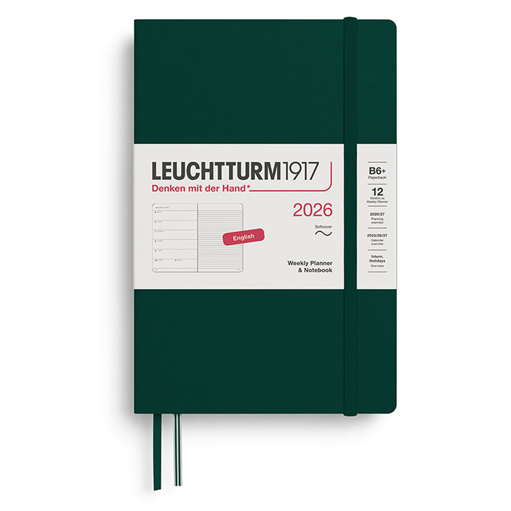 LEUCHTTURM Çanta Boy (B6+) 12 Aylık Ajanda ve Not Defteri (Çizgili) 2026 Yumuşak Kapak, İngilizce, Orman Yeşili