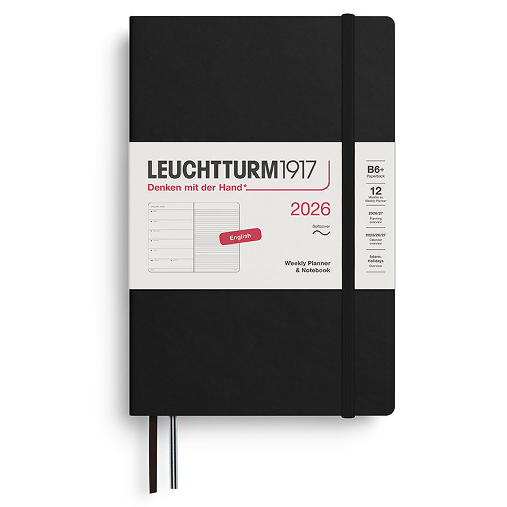 LEUCHTTURM Çanta Boy (B6+) 12 Aylık Ajanda ve Not Defteri (Çizgili) 2026 Yumuşak Kapak, İngilizce, Siyah