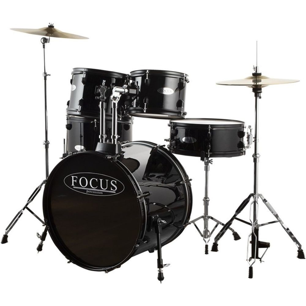 FOCUS FCP0803-BK - 5 Parça (20B/10T/12T/14F/14S) Aksamlı & Zilli Siyah Akustik Davul Seti