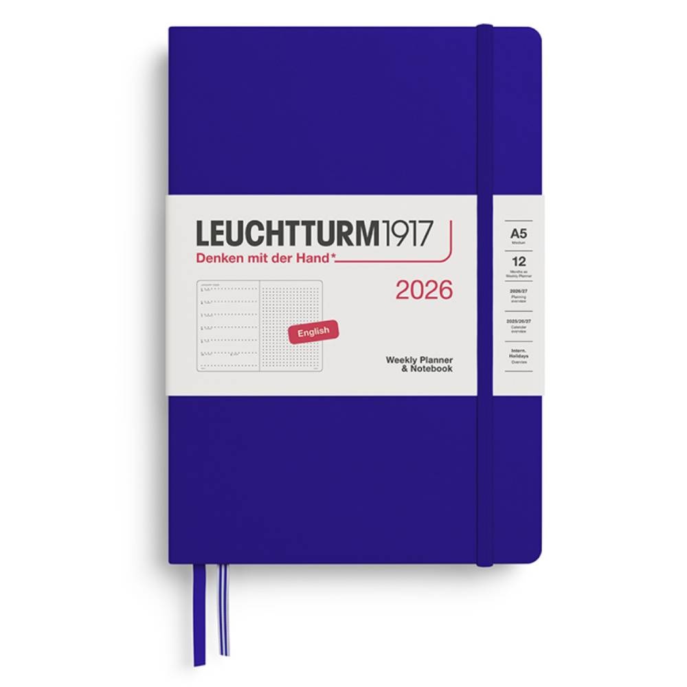 LEUCHTTURM Orta Boy (A5) 12 Aylık Ajanda ve Not Defteri (Noktalı) 2026 Sert Kapak, İngilizce, Ink Mavi