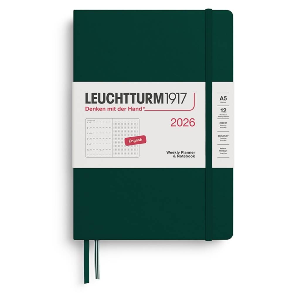 LEUCHTTURM Orta Boy (A5) 12 Aylık Ajanda ve Not Defteri (Noktalı) 2026 Sert Kapak, İngilizce, Orman Yeşili