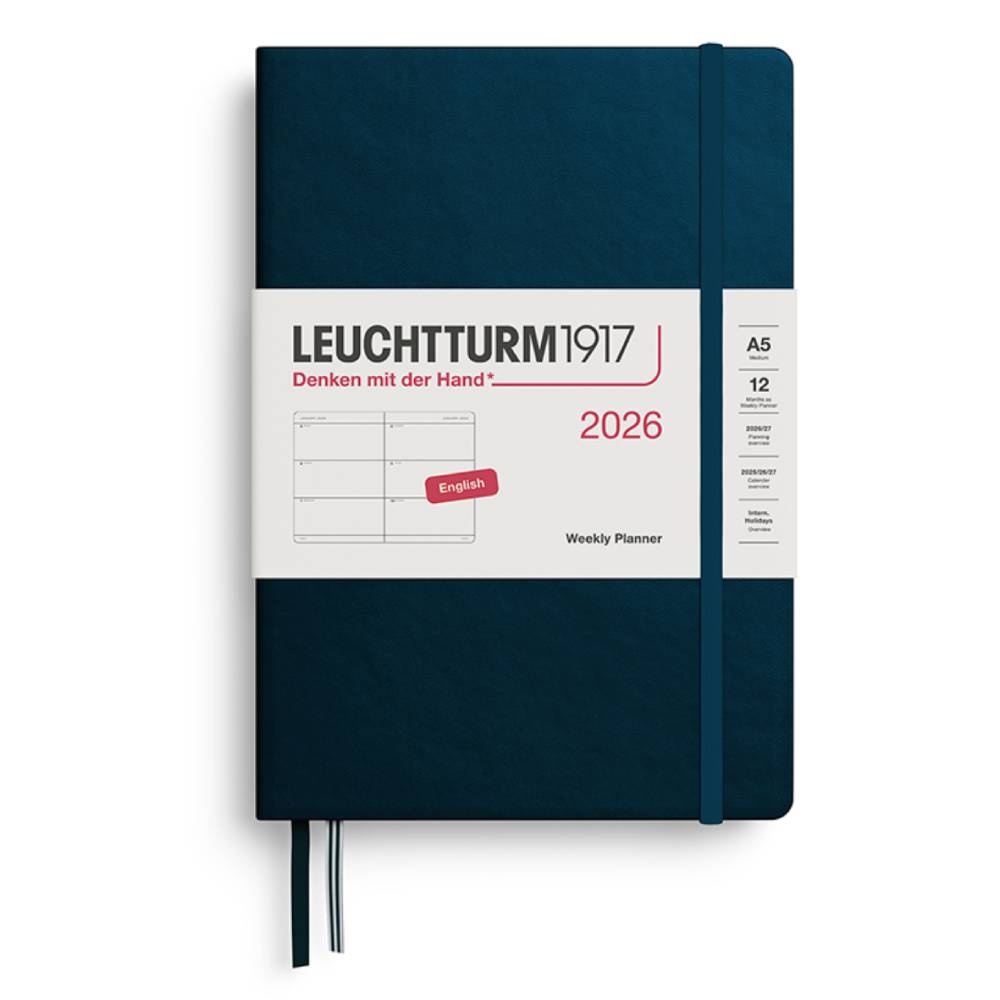 LEUCHTTURM Orta Boy (A5) 12 Aylık Haftalık Ajanda 2026 Sert Kapak, İngilizce, Derin Deniz