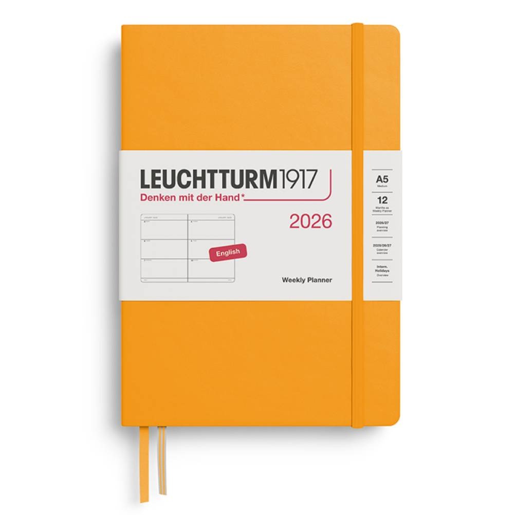 LEUCHTTURM Orta Boy (A5) 12 Aylık Haftalık Ajanda 2026 Sert Kapak, İngilizce, Gündoğumu Sarı