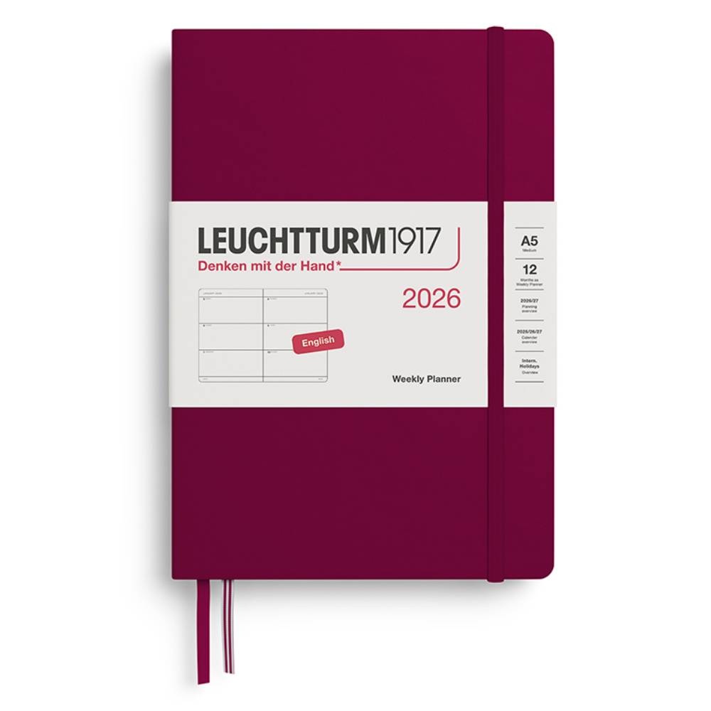 LEUCHTTURM Orta Boy (A5) 12 Aylık Haftalık Ajanda 2026 Sert Kapak, İngilizce, Liman Kırmızısı