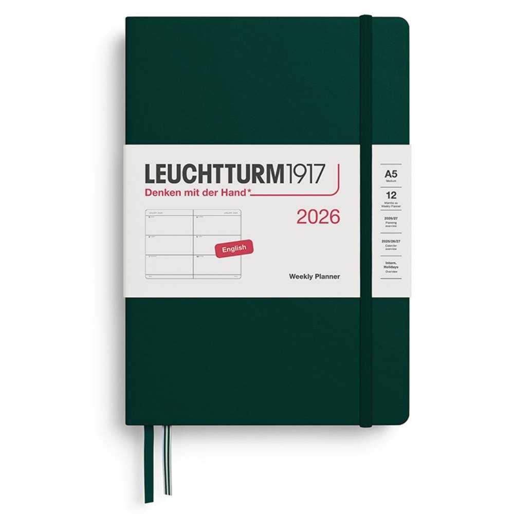 LEUCHTTURM Orta Boy (A5) 12 Aylık Haftalık Ajanda 2026 Sert Kapak, İngilizce, Orman Yeşili