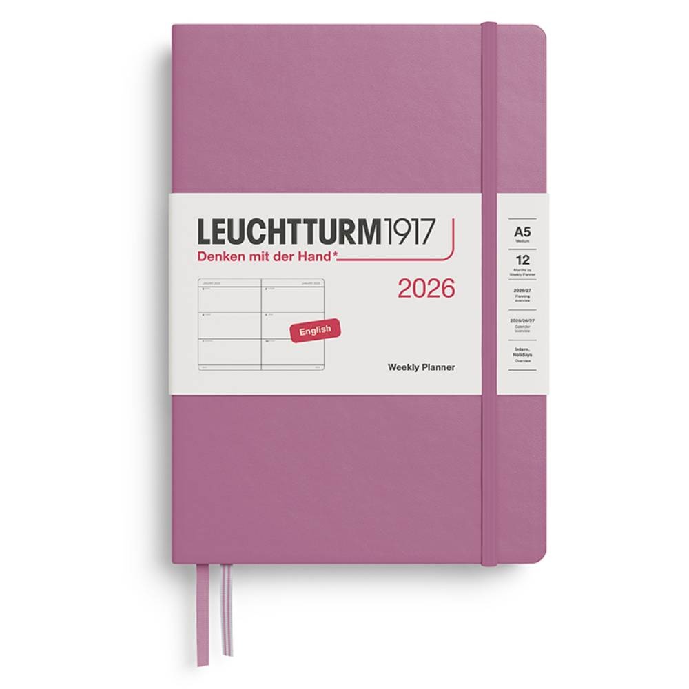 LEUCHTTURM Orta Boy (A5) 12 Aylık Haftalık Ajanda 2026 Sert Kapak, İngilizce, Tozlu Gül