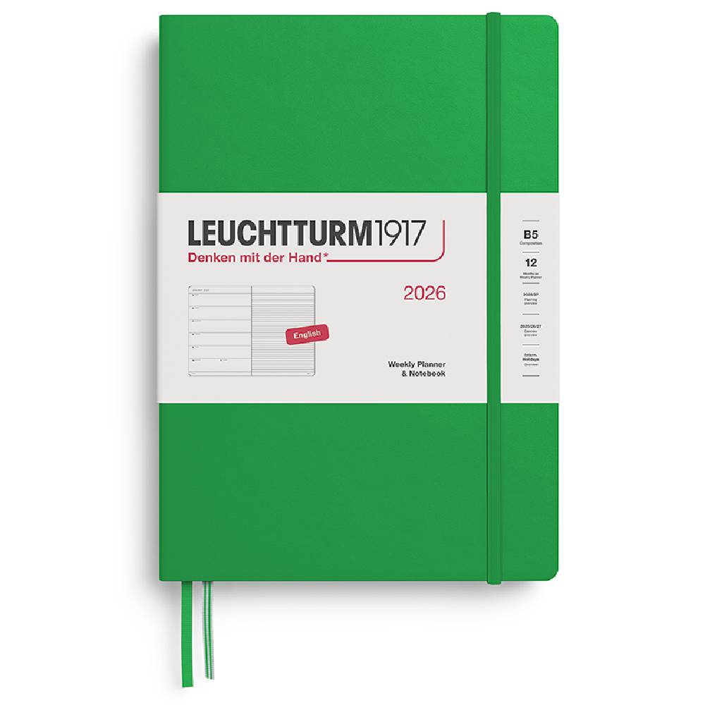 LEUCHTTURM Tablet Boy (B5) 12 Aylık Ajanda ve Not Defteri (Çizgili) 2026 Sert Kapak, İngilizce, Bahar Yaprağı