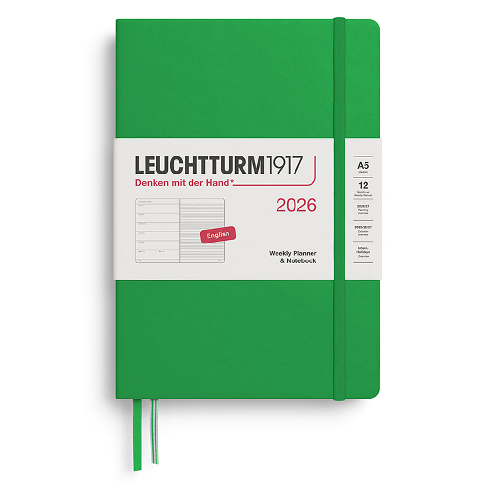 LEUCHTTURM Orta Boy (A5) 12 Aylık Ajanda ve Not Defteri (Çizgili) 2026 Sert Kapak, İngilizce, Bahar Yaprağı