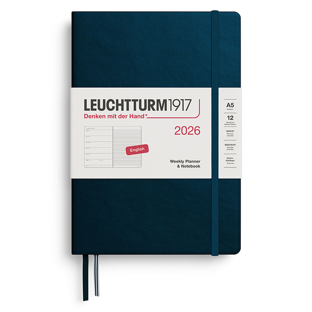 LEUCHTTURM Orta Boy (A5) 12 Aylık Ajanda ve Not Defteri (Çizgili) 2026 Sert Kapak, İngilizce, Derin Deniz