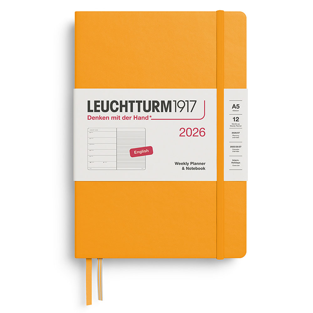 LEUCHTTURM Orta Boy (A5) 12 Aylık Ajanda ve Not Defteri (Çizgili) 2026 Sert Kapak, İngilizce, Gündoğumu Sarı