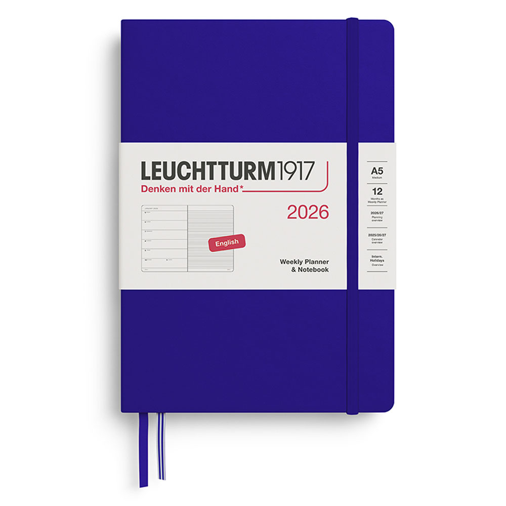LEUCHTTURM Orta Boy (A5) 12 Aylık Ajanda ve Not Defteri (Çizgili) 2026 Sert Kapak, İngilizce, Ink Mavi