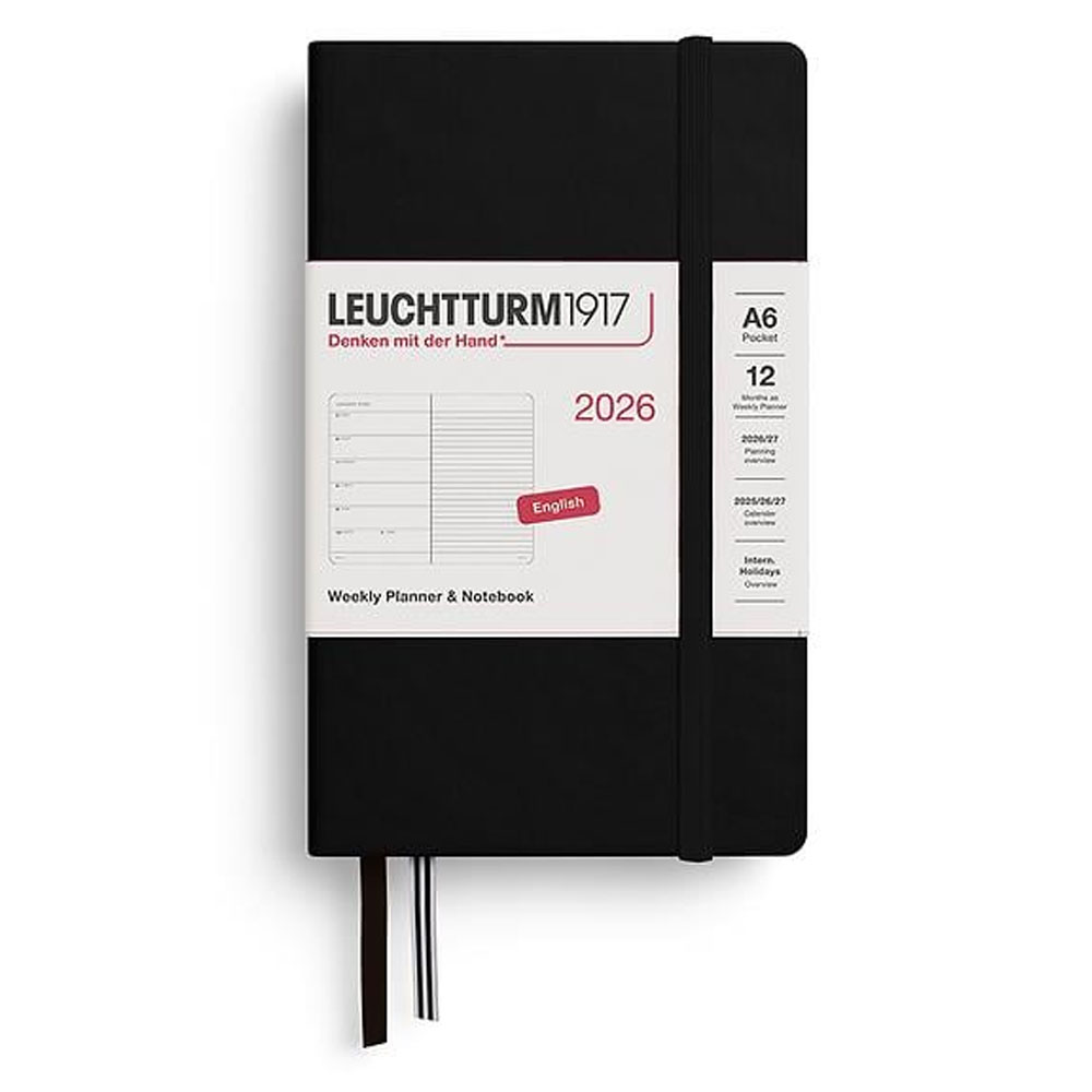 LEUCHTTURM Cep Boy (A6) 12 Aylık Ajanda ve Not Defteri (Çizgili) 2026 Sert Kapak, İngilizce, Siyah