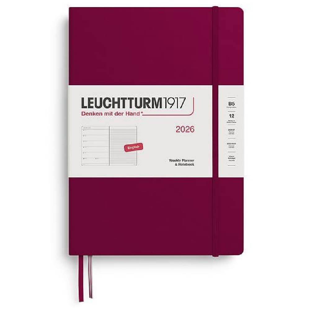 LEUCHTTURM Tablet Boy (B5) 12 Aylık Ajanda ve Not Defteri (Çizgili) 2026 Sert Kapak, İngilizce, Liman Kırmızısı