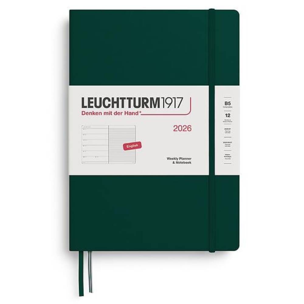 LEUCHTTURM Tablet Boy (B5) 12 Aylık Ajanda ve Not Defteri (Çizgili) 2026 Sert Kapak, İngilizce, Orman Yeşili
