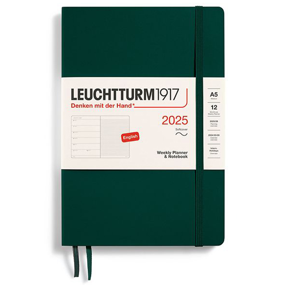LEUCHTTURM 2025 Haftalık Planlayıcı ve Not Defteri, Orta Boy (A5), Yumuşak Kapak, İngilizce, Çizgili, Orman Yeşili
