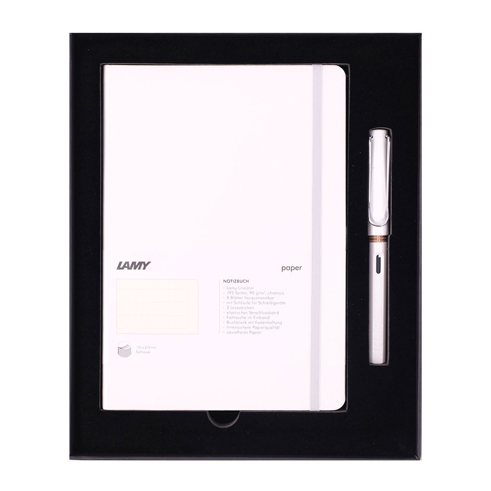 LAMY Safari Dolma Kalem Metal Klips M Uç Beyaz+Lamy Yumuşak Kapak Defter A5 Beyaz