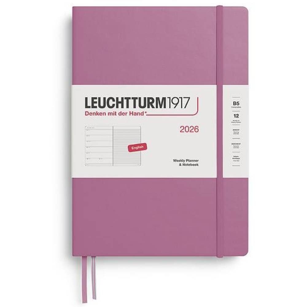 LEUCHTTURM Tablet Boy (B5) 12 Aylık Ajanda ve Not Defteri (Çizgili) 2026 Sert Kapak, İngilizce, Tozlu Gül