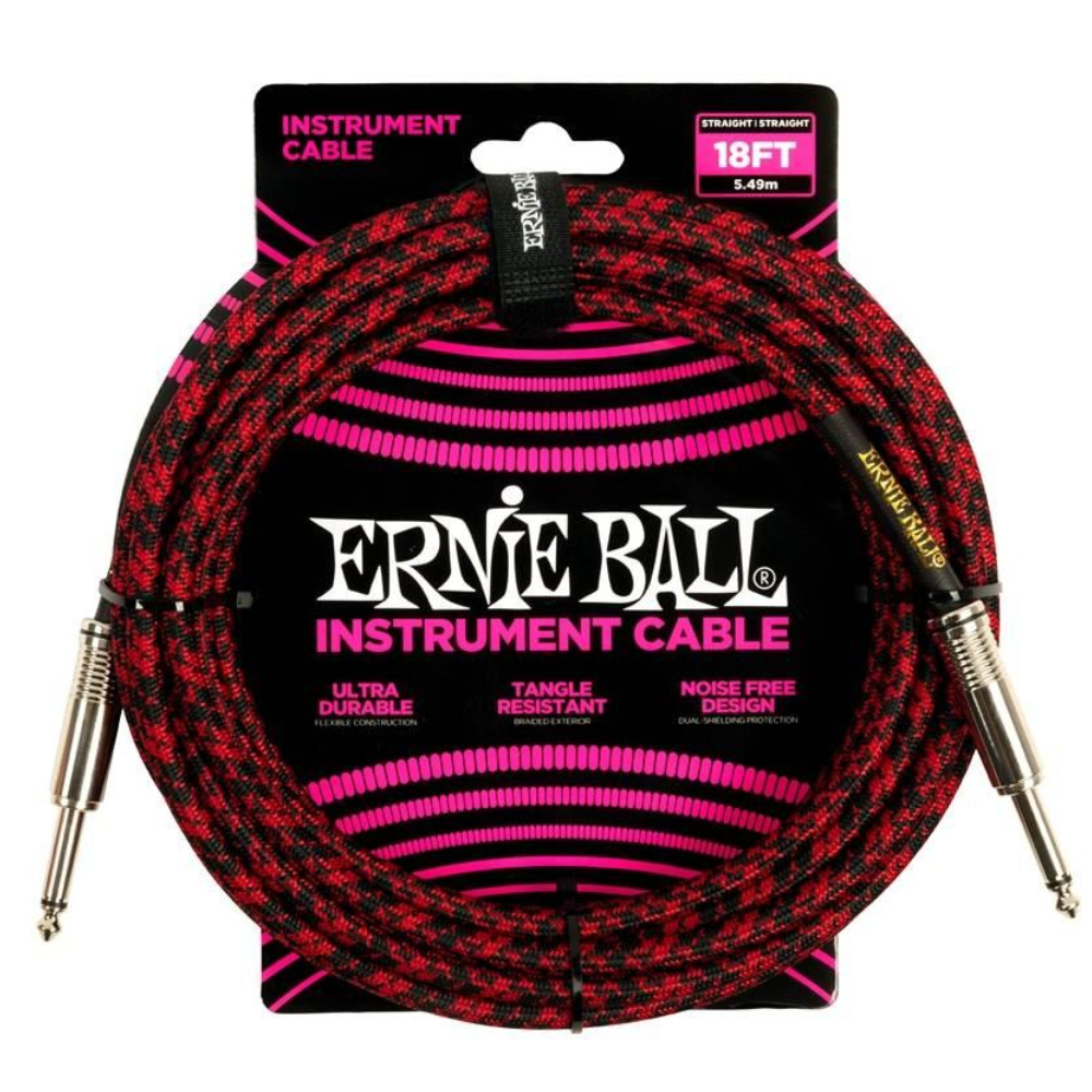 ERNIE BALL 18ft Braided Düz/Düz Uçlu 5.5m Kırmızı Siyah Enstrüman Kablosu
