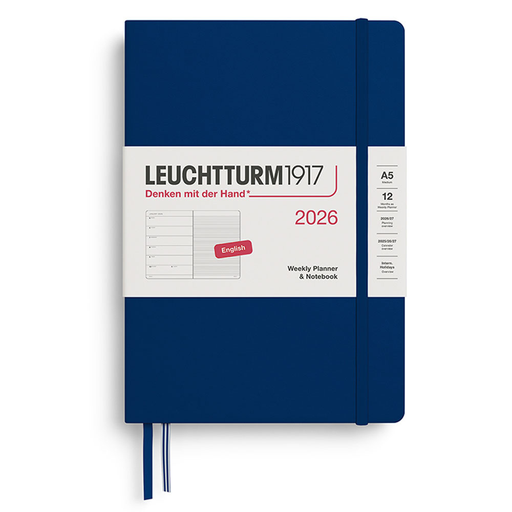 LEUCHTTURM Orta Boy (A5) 12 Aylık Ajanda ve Not Defteri (Çizgili) 2026 Sert Kapak, İngilizce, Lacivert