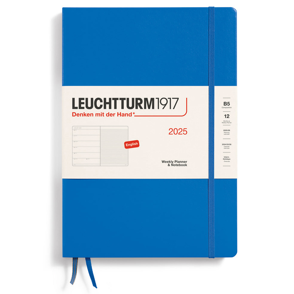 LEUCHTTURM 2025 Haftalık Planlayıcı ve Not Defteri, Tablet Boy (B5), Sert Kapak, İngilizce, Çizgili, Gökyüzü Mavi