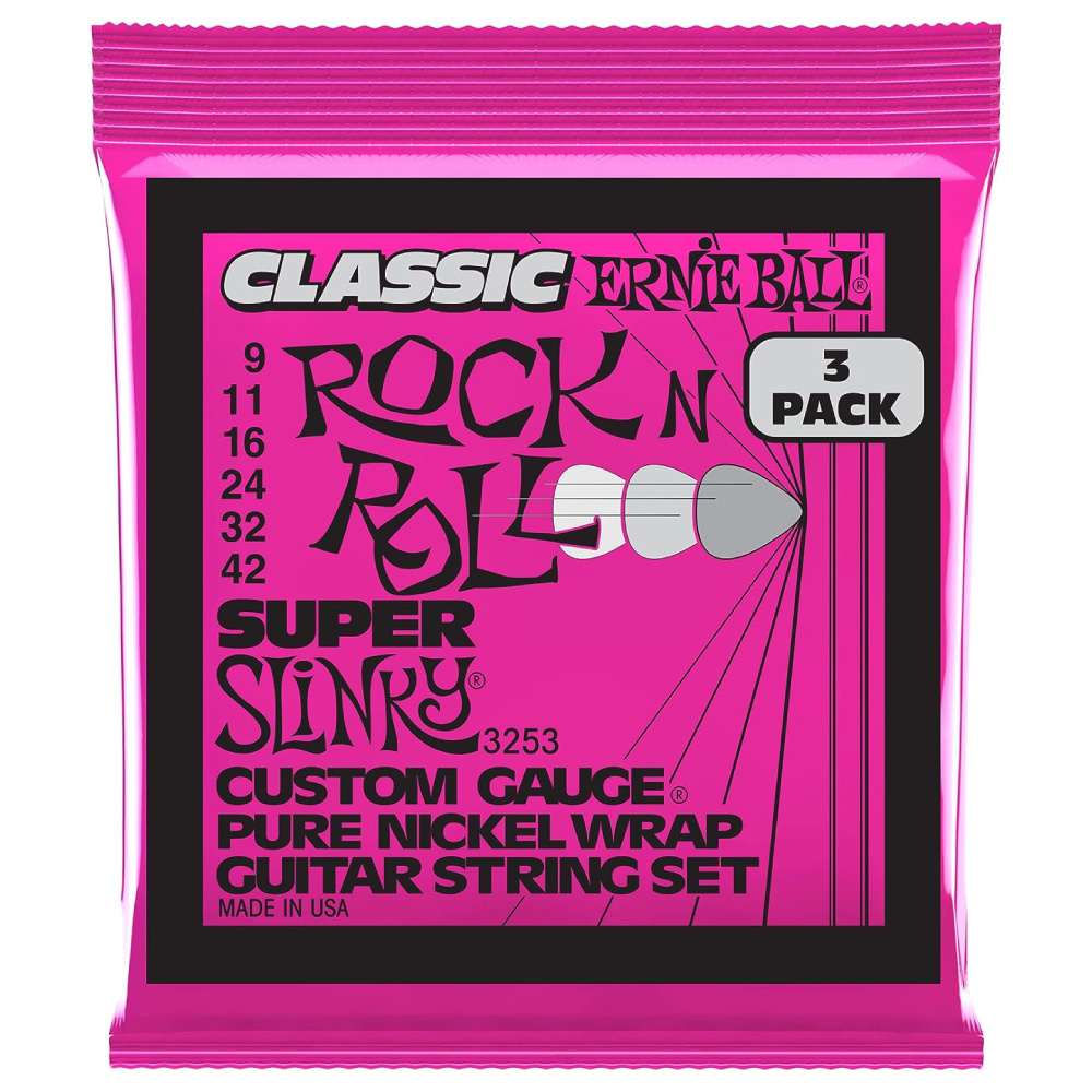 ERNIE BALL P03253 Super Slinky Classic RnR Pure Nickel 9-42 Elektro Tel Seti 3lü Paket