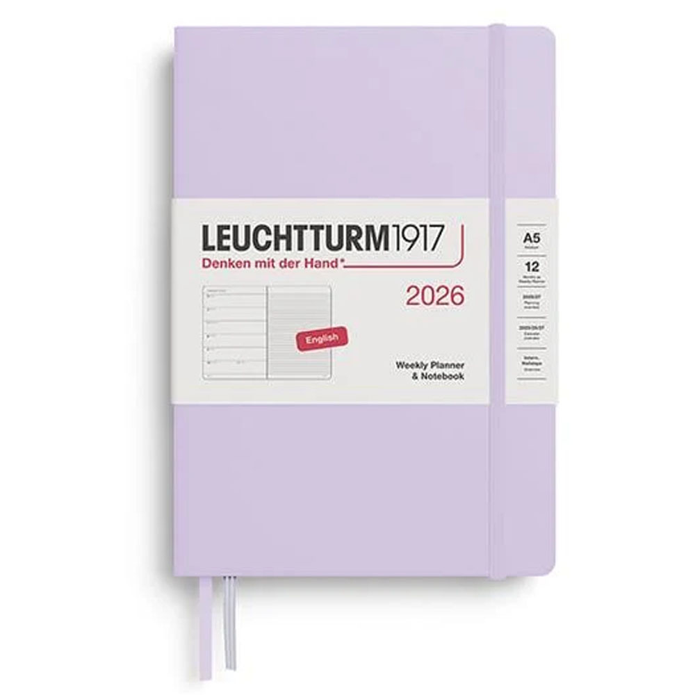 LEUCHTTURM Orta Boy (A5) 12 Aylık Ajanda ve Not Defteri (Çizgili) 2026 Sert Kapak, İngilizce, Leylak