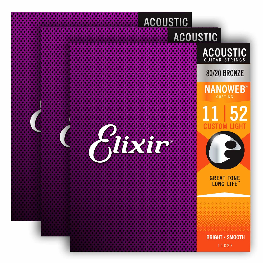 Elixir 16538 11-52 3 Nanoweb 80/20 Akustik Gitar Teli Bronze 3lü Set