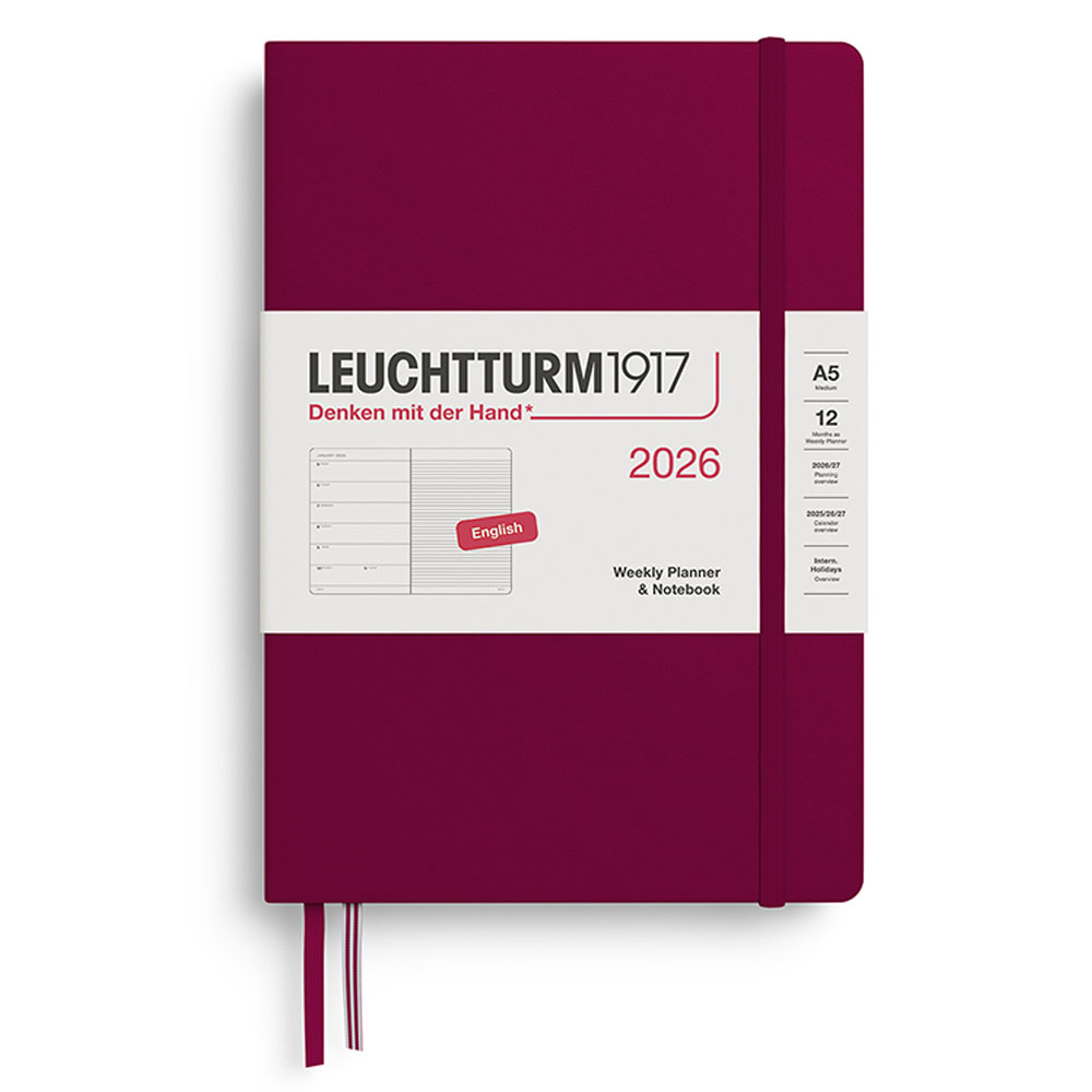 LEUCHTTURM Orta Boy (A5) 12 Aylık Ajanda ve Not Defteri (Çizgili) 2026 Sert Kapak, İngilizce, Liman Kırmızısı
