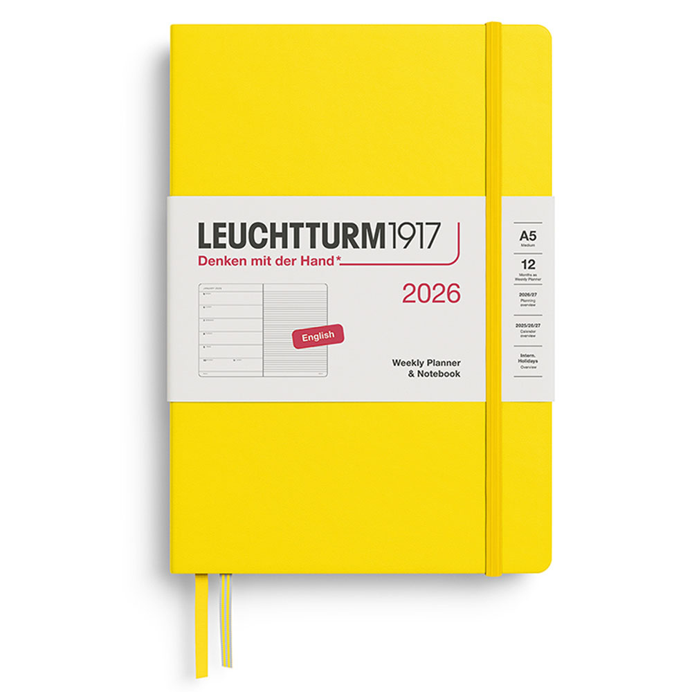 LEUCHTTURM Orta Boy (A5) 12 Aylık Ajanda ve Not Defteri (Çizgili) 2026 Sert Kapak, İngilizce, Limon Sarı