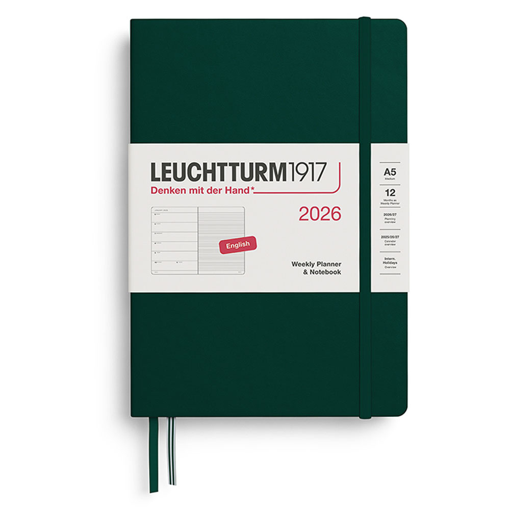 LEUCHTTURM Orta Boy (A5) 12 Aylık Ajanda ve Not Defteri (Çizgili) 2026 Sert Kapak, İngilizce, Orman Yeşili
