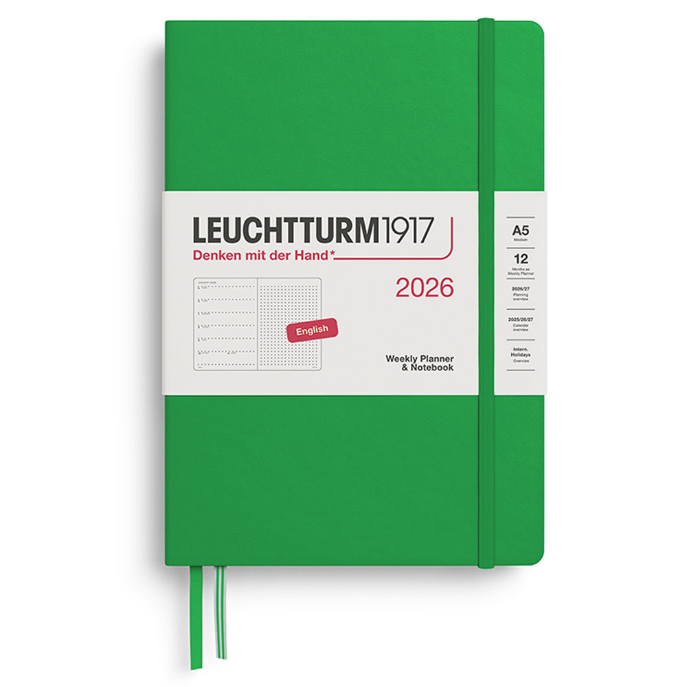 LEUCHTTURM Orta Boy (A5) 12 Aylık Ajanda ve Not Defteri (Noktalı) 2026 Sert Kapak, İngilizce, Bahar Yaprağı