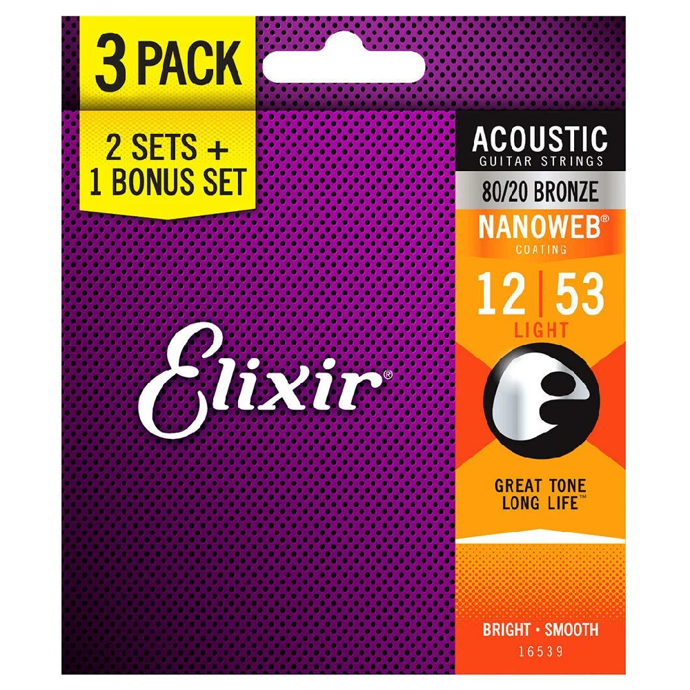 Elixir 16539 12-53 Nanoweb 80/20 Akustik Gitar Teli Bronze 3lü Set