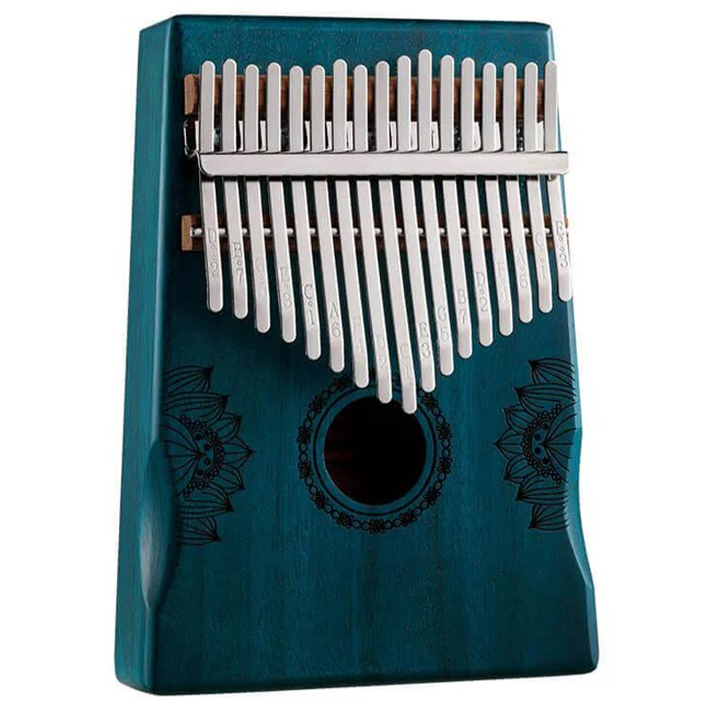YOGIXO Kalimba 17 Notalı - Blue Painting Lotus Desenli Delik - Mahogany