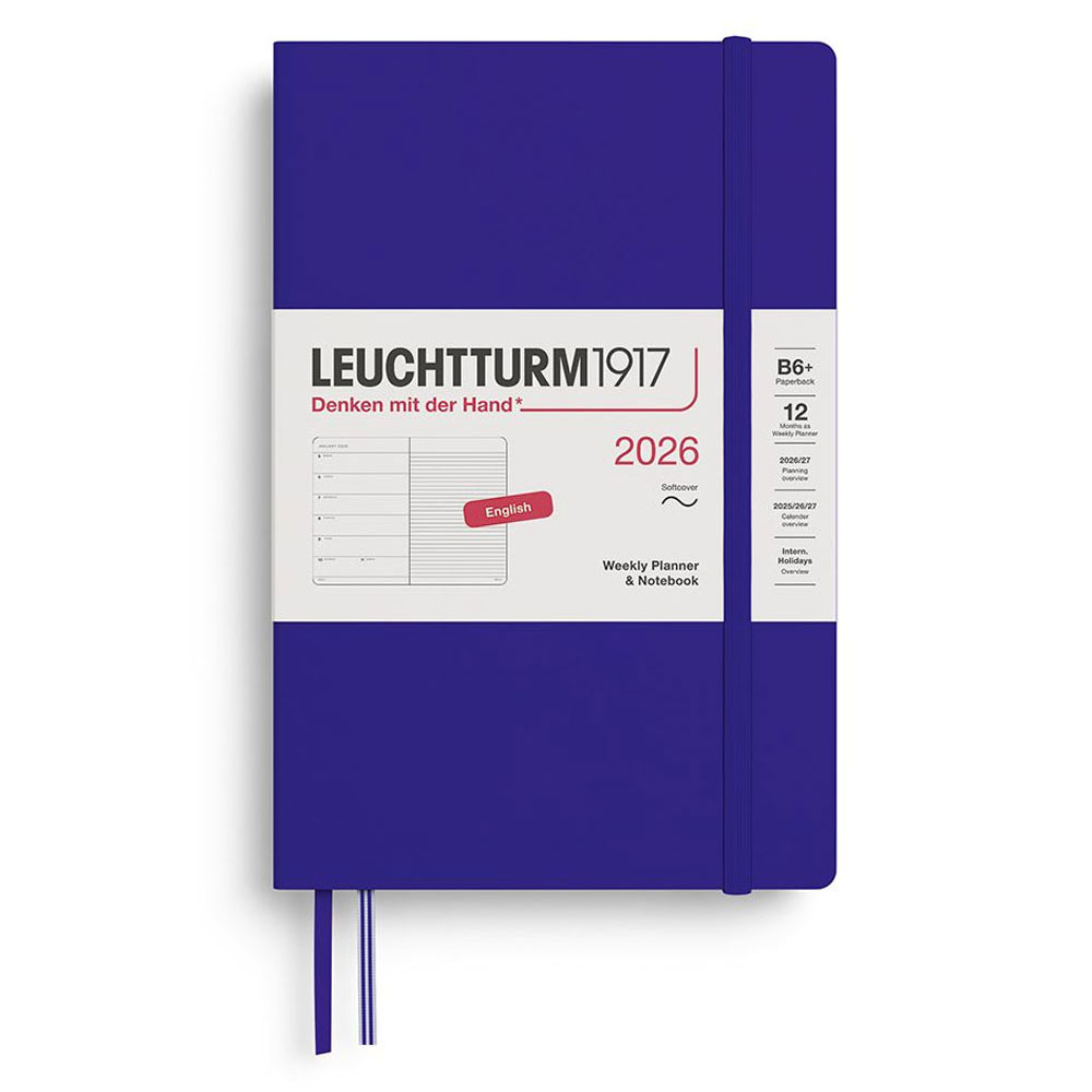 LEUCHTTURM Çanta Boy (B6+) 12 Aylık Ajanda ve Not Defteri (Çizgili) 2026 Yumuşak Kapak, İngilizce, Ink Mavi