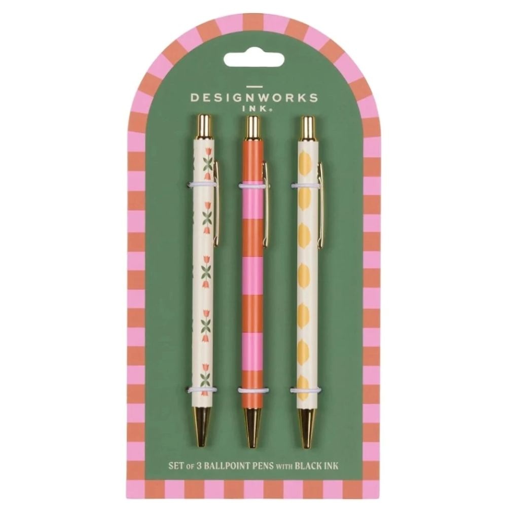 DESIGNWORKS INK A Dopo Tükenmez Kalem Seti 3'lü (Çiçek, Çizgili Limon)