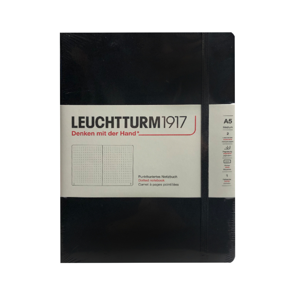LEUCHTTURM Not Defteri Orta Boy (A5), Sert Kapak, 251 Numaralandırılmış Sayfa, Noktalı, Siyah Defter