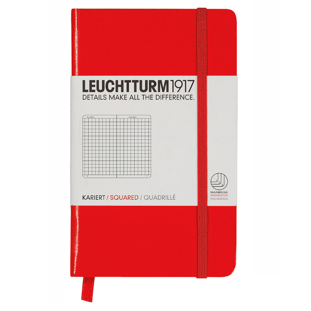 LEUCHTTURM Not Defteri Cep Boy (A6), Sert Kapak, 187 Numaralandırılmış Sayfa, Kareli, Kırmızı Defter