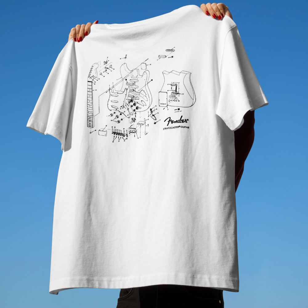 ☆ 邦ロックTシャツFender Mexico Stratocaster FENDER® Stratocaster Technical Drawing Beyaz T-Shirt Fiyatı