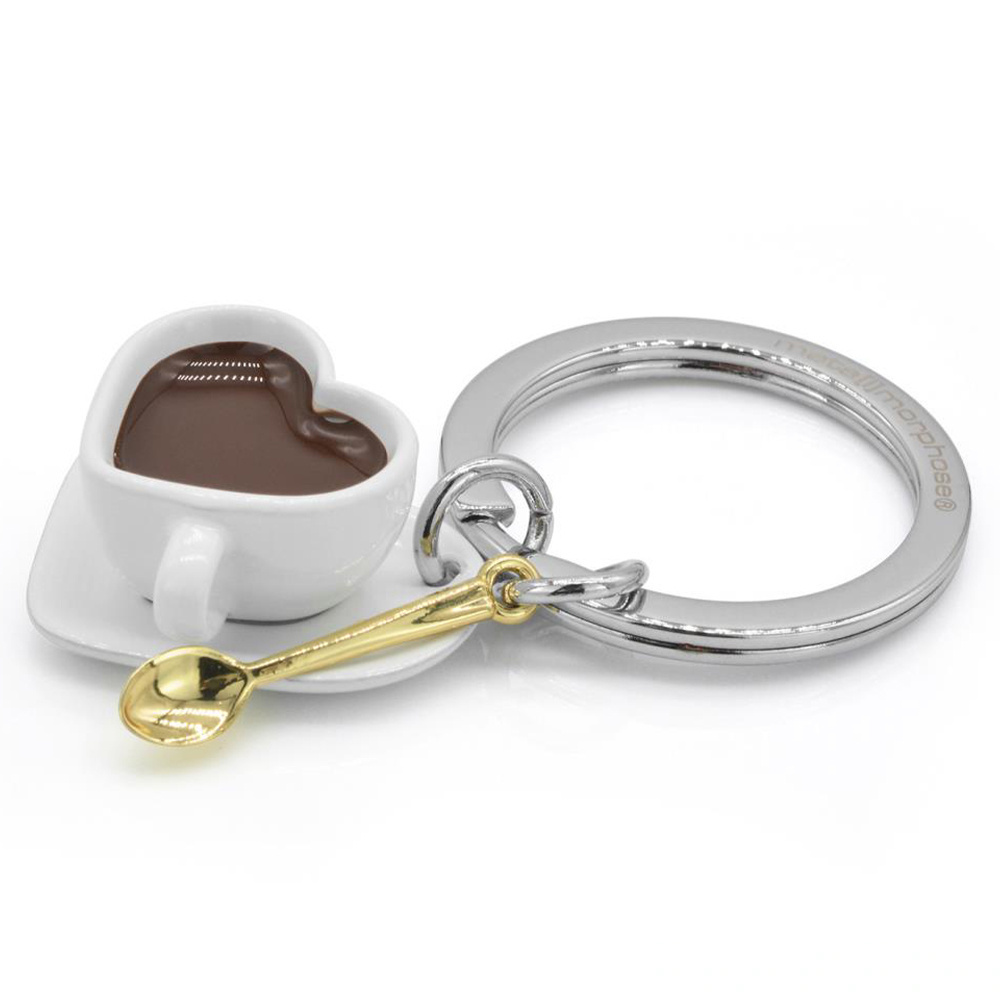 Metalmorphose MTM216-01 Portachiavi Tazza Da Caffè Con Cuore E Cucchiaio, In Acciaio Inox E Resina, Colori Bianco E Marrone, Regalo Originale