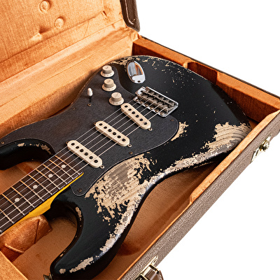 Fender Custom Shop Masterbuilt Vincent Van Trigt 1959 Stratocaster Heavy Relic Black over Vintage Blonde Elektro Gitar
