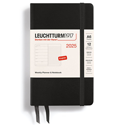 LEUCHTTURM 2025 Haftalık Planlayıcı ve Not Defteri, Cep Boy (A6), Sert Kapak, İngilizce, Çizgili, Siyah