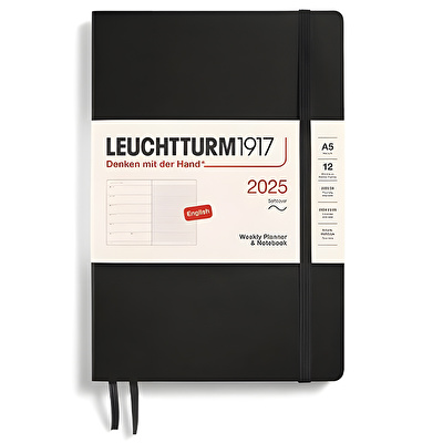 LEUCHTTURM 2025 Haftalık Planlayıcı ve Not Defteri, Orta Boy (A5), Yumuşak Kapak, İngilizce, Çizgili, Siyah