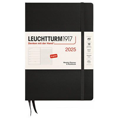 LEUCHTTURM 2025 Haftalık Planlayıcı ve Not Defteri, Orta Boy (A5), Sert Kapak, İngilizce, Çizgili, Siyah