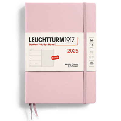 LEUCHTTURM 2025 Haftalık Planlayıcı ve Not Defteri, Orta Boy (A5), Sert Kapak, İngilizce, Çizgili, Pudra