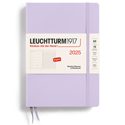 LEUCHTTURM 2025 Haftalık Planlayıcı ve Not Defteri, Orta Boy (A5), Sert Kapak, İngilizce, Çizgili, Leylak