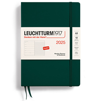 LEUCHTTURM 2025 Haftalık Planlayıcı ve Not Defteri, Orta Boy (A5), Sert Kapak, İngilizce, Çizgili, Orman Yeşili