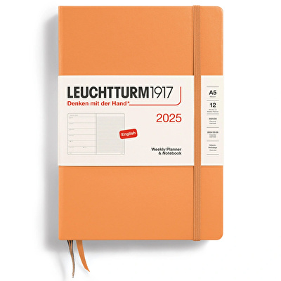 LEUCHTTURM 2025 Haftalık Planlayıcı ve Not Defteri, Orta Boy (A5), Sert Kapak, İngilizce, Çizgili, Kayısı