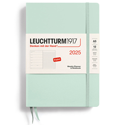 LEUCHTTURM 2025 Haftalık Planlayıcı ve Not Defteri, Orta Boy (A5), Sert Kapak, İngilizce, Çizgili, Nane Yeşili