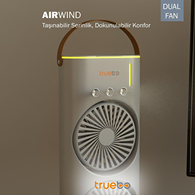 TRUEBO AirWind - Masaüstü Buhar Püskürtmeli Taşınabilir Şarjlı Led Işık Çift Fanlı Vantilatör - Beyaz